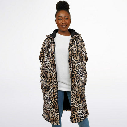 Leopard Print Cuddle Coat | Unisex Minky Sherpa Lined Coat with Hood, Zipper and Pockets | Women and Mens Festival Coat | Mountain Fashion