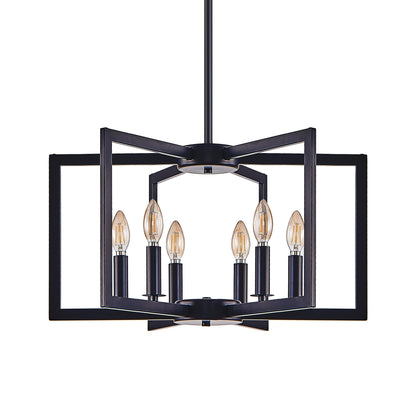 22' Modern Black Geometric 6-Light Chandelier – Industrial Metal Pendant Light Fixture for Living Room, Dining Room, or Kitchen (Bulb Not Included)