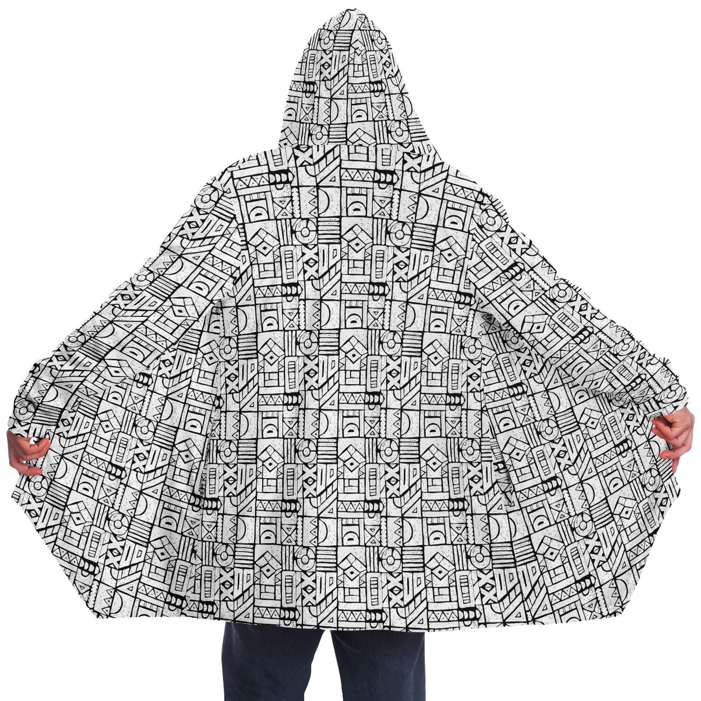Zentangle Cuddle Cloak | Black White | Unisex Minky Sherpa Lined Hooded Coat | Women and Mens Festival Coat | Mountain Fashion