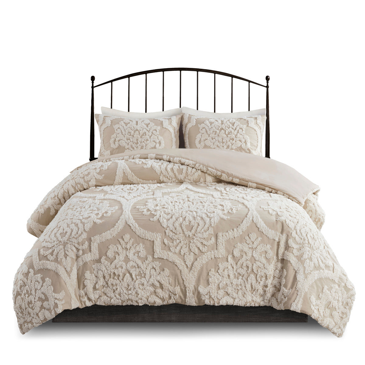 3 Piece Tufted Cotton Chenille Damask Comforter Set Taupe King/Cal King