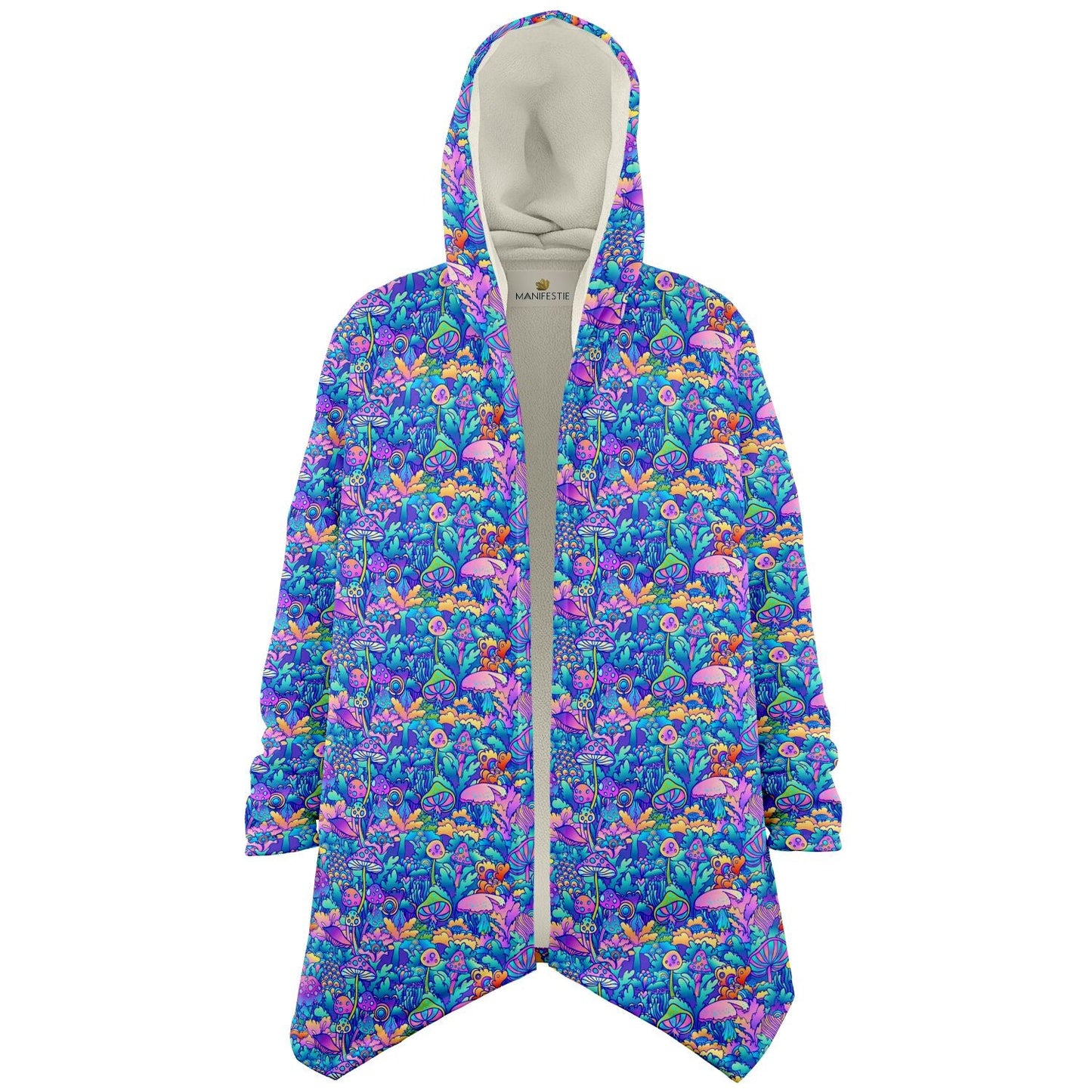 Psychedelic Mushrooms Cuddle Cloak | Unisex Minky Sherpa Lined Hooded Coat | Women and Mens Festival Coat | Mountain Fashion