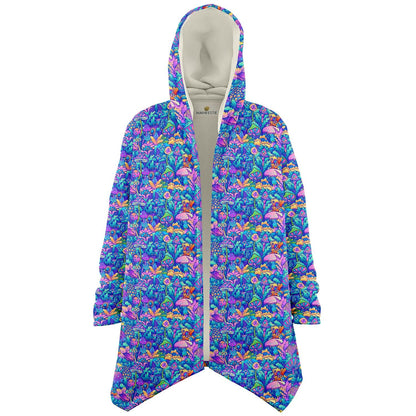 Psychedelic Mushrooms Cuddle Cloak | Unisex Minky Sherpa Lined Hooded Coat | Women and Mens Festival Coat | Mountain Fashion