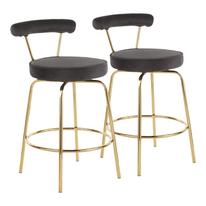 Rhonda Glam Counter Stool in Gold Metal and Black Velvet - Set of 2