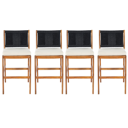 4 Pieces Arly Black Outdoor Bar Stool Solid Acacia Wood and Woven Wicker
