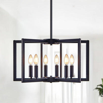 22' Modern Black Geometric 6-Light Chandelier – Industrial Metal Pendant Light Fixture for Living Room, Dining Room, or Kitchen (Bulb Not Included)