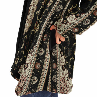 Classic Black Persian Carpet Cuddle Cloak | Unisex Minky Sherpa Lined Hooded Coat | Women and Mens Festival Coat | Mountain Fashion