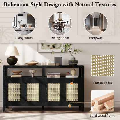 TREXM Bohemian Style Rattan Buffet Storage Cabinet with Solid Wood Frame