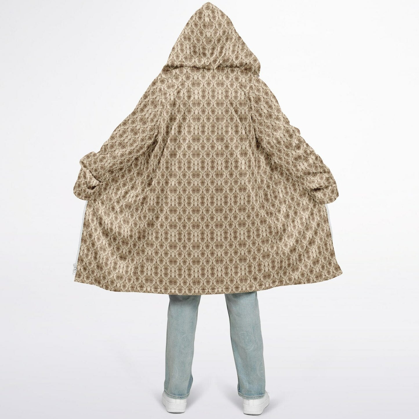 Cream Baroque Cuddle Coat | Unisex Minky Sherpa Lined Coat with Hood, Zipper and Pockets | Women and Mens Festival Coat | Mountain Fashion