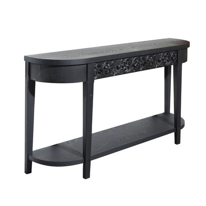 59.2in Black Carved Wooden Console Table with Lower Storage Shelf and Drawers