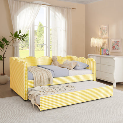 Cozy Gingham Daybed with Trundle Twin Size Sofa Bed