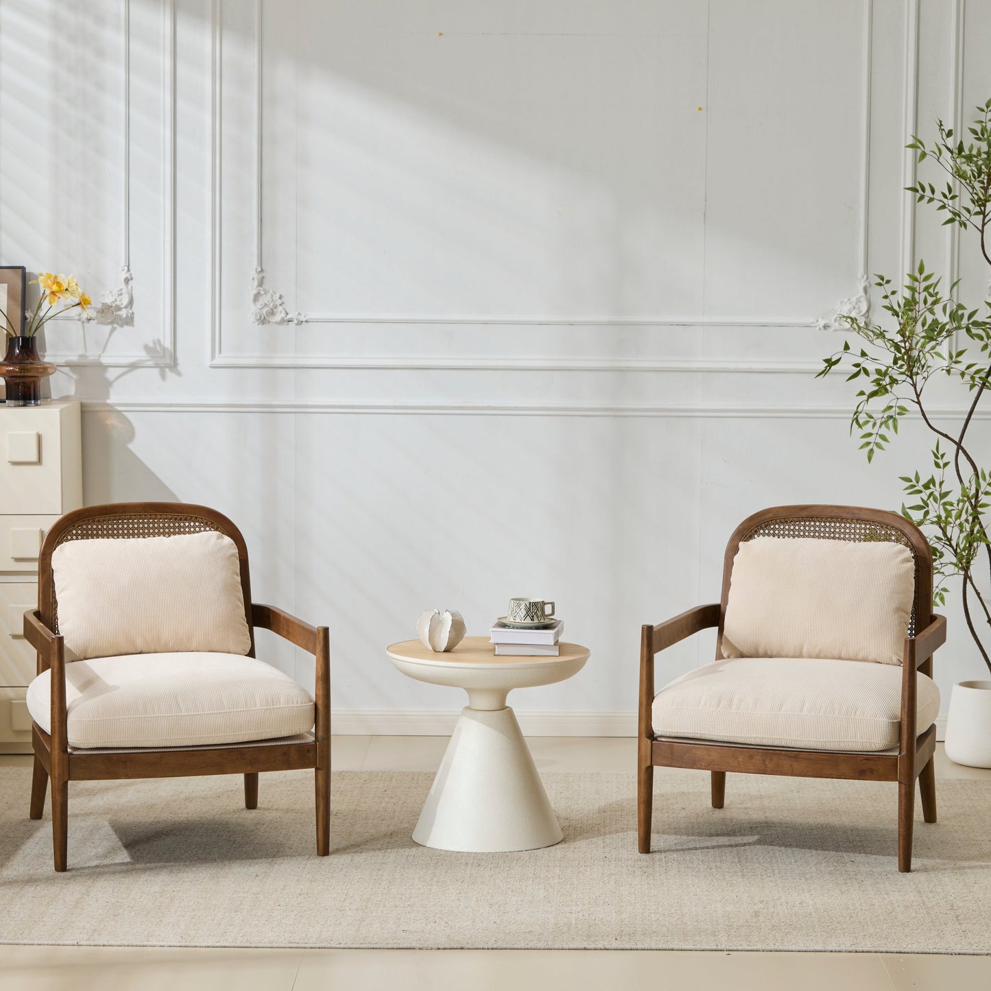 Elliston Rattan Backrest Solid Wood Accent Chair with Cushions - Set of 2