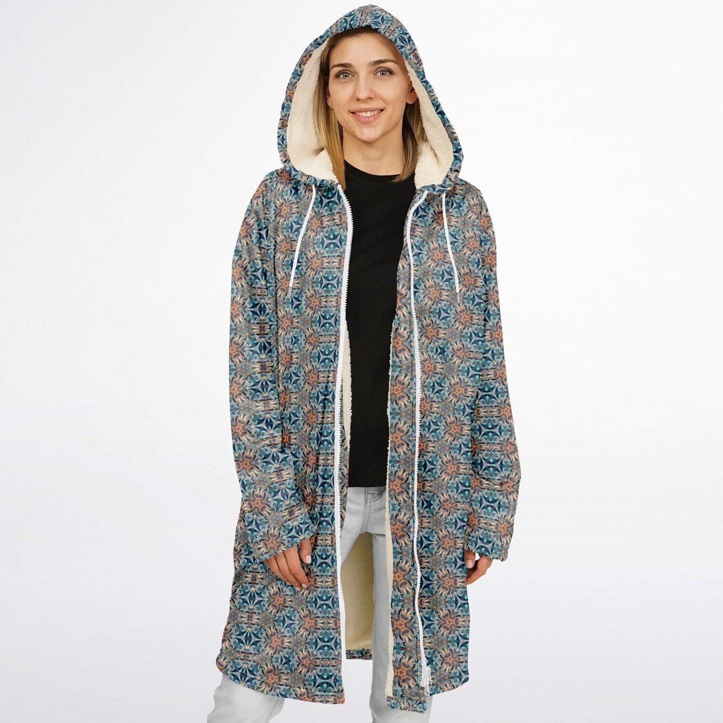 Mystic Mirror Cuddle Coat | Orang, Blue Face | Unisex Minky Sherpa Lined Coat with Hood, Zipper and Pockets | Women and Mens Festival Coat | Mountain Fashion