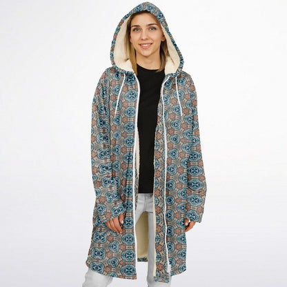 Mystic Mirror Cuddle Coat | Orang, Blue Face | Unisex Minky Sherpa Lined Coat with Hood, Zipper and Pockets | Women and Mens Festival Coat | Mountain Fashion