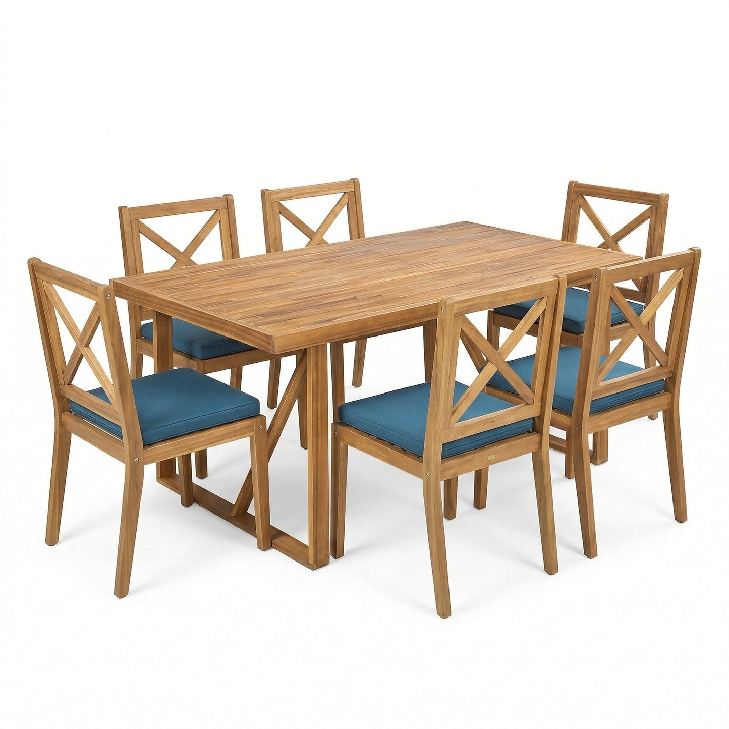 7 Pieces Acacia Wood Outdoor Dining Set with Blue Cushions