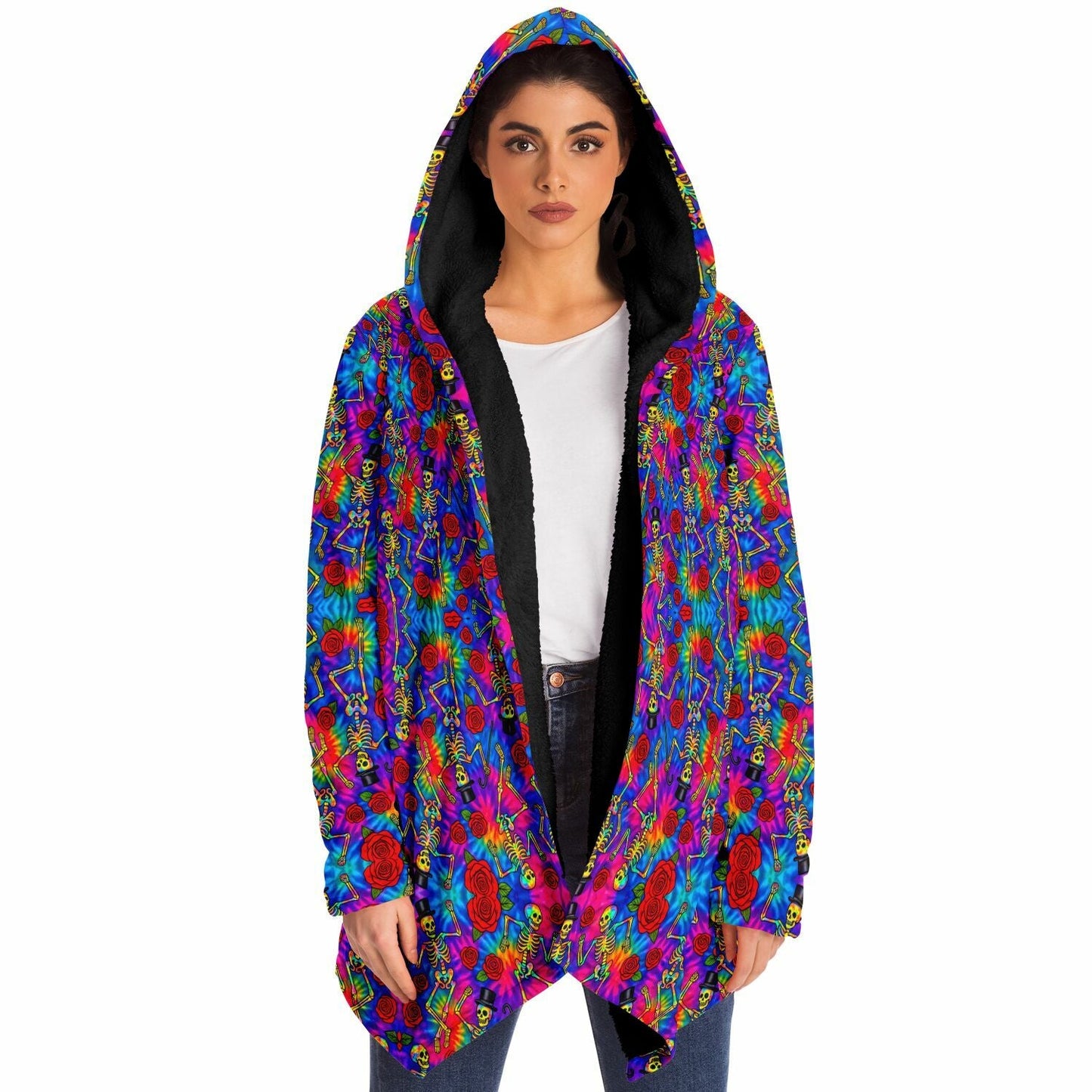 Tie Dye Dancing Skeleton Cuddle Cloak | Grateful Dead | Minky Sherpa Lined Coat with Hood, Zipper and Pockets | Women and Mens Festival Coat | Mountain Fashion