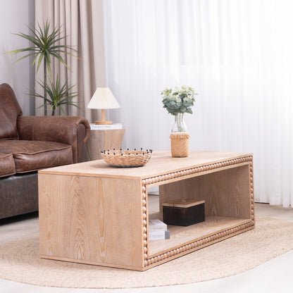 Rustic Beaded Edge Coffee Table – 47.6" Rectangular Center Table with Open Storage Shelf