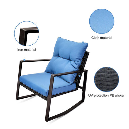 3 Pieces Patio Bistro Set Outdoor Rocking Chair with Blue Cushion for Yard Garden Poolside