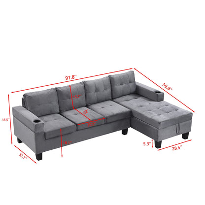 Modern Sectional Sofa Set with L Shape Chaise Lounge and Storage in Grey Velvet Fabric