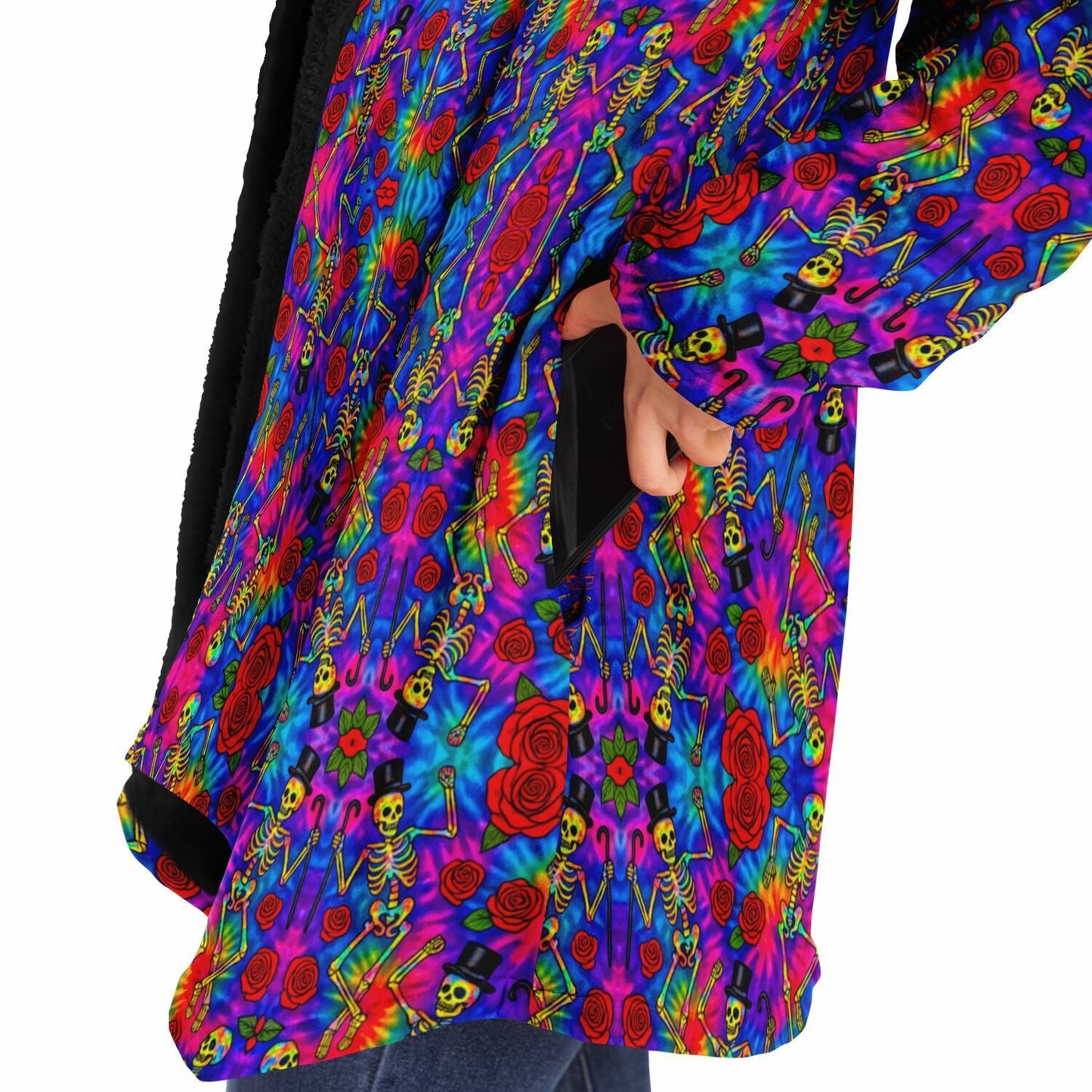 Tie Dye Dancing Skeleton Cuddle Cloak | Grateful Dead | Minky Sherpa Lined Coat with Hood, Zipper and Pockets | Women and Mens Festival Coat | Mountain Fashion