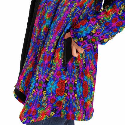 Tie Dye Dancing Skeleton Cuddle Cloak | Grateful Dead | Minky Sherpa Lined Coat with Hood, Zipper and Pockets | Women and Mens Festival Coat | Mountain Fashion
