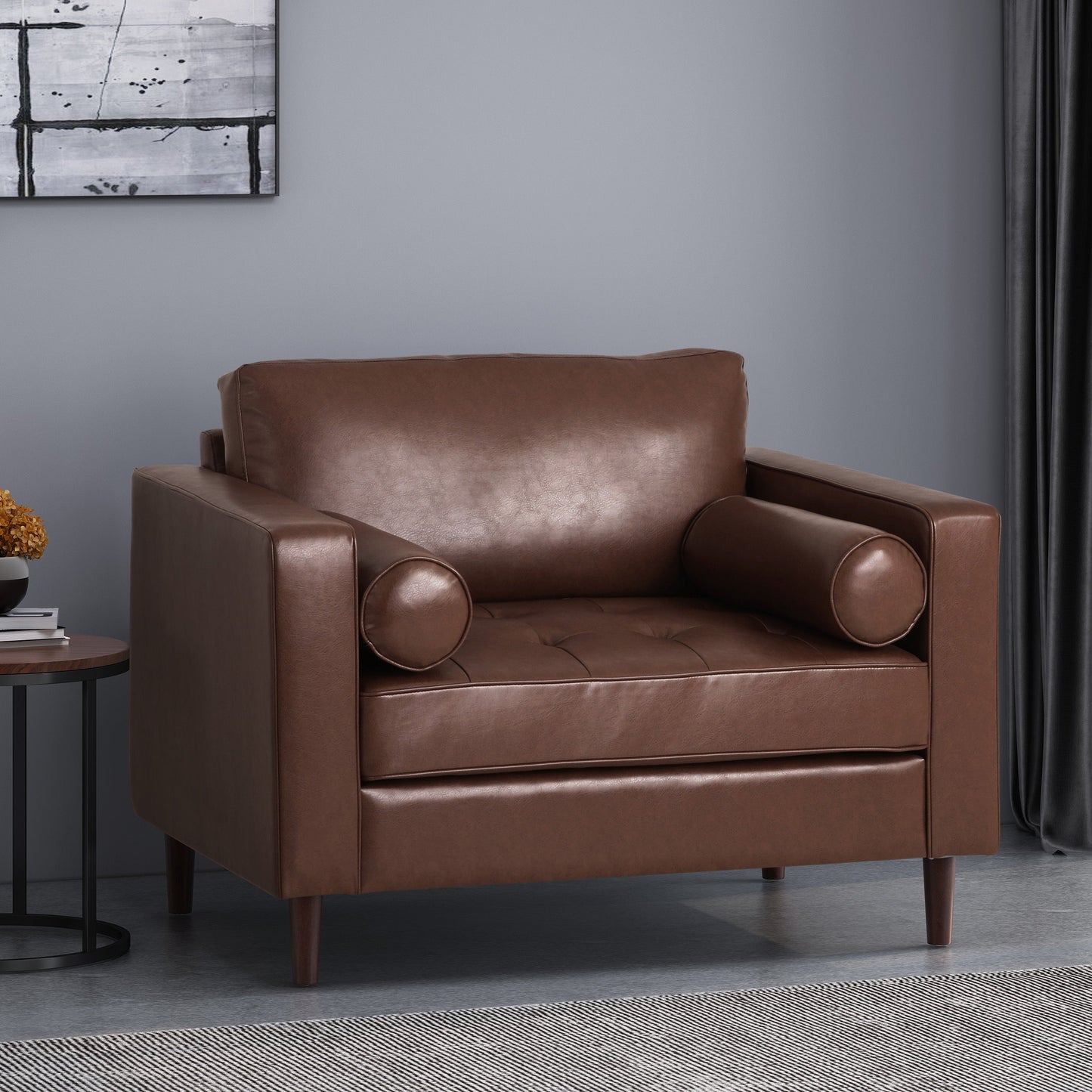 Sophisticated Club Chair with Dark Brown Faux Leather and Birch Wood