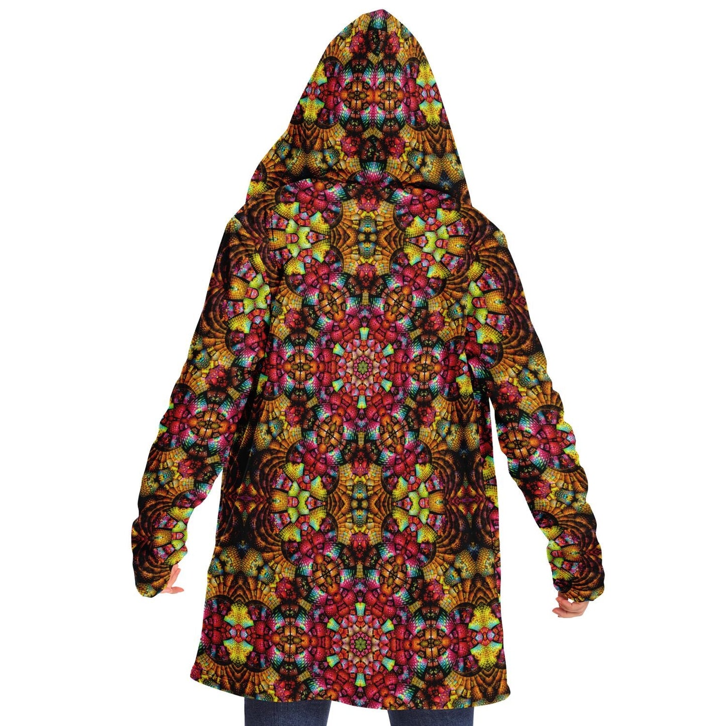 Fractal Glass Cuddle Cloak | Unisex Minky Sherpa Lined Hooded Coat | Women and Mens Festival Coat | Mountain Fashion