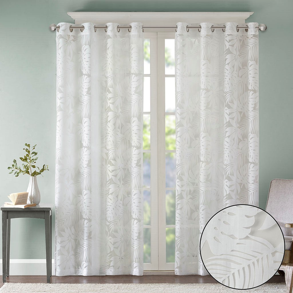 Palm Leaf Burnout White Sheer Window Curtain 50x95