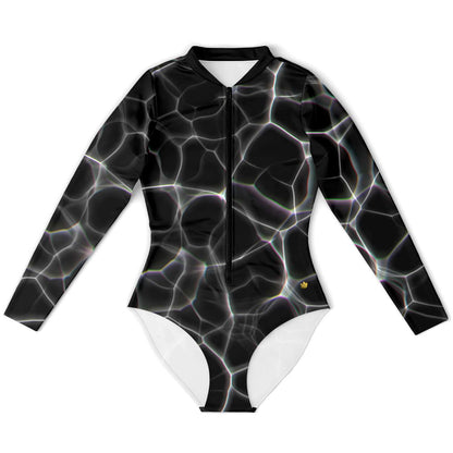 Black Water Long Sleeve Swimsuit | Full Piece Bodysuit | Front Zipper Bathing Suit | 50+ UPF Protection, UV Swimwear