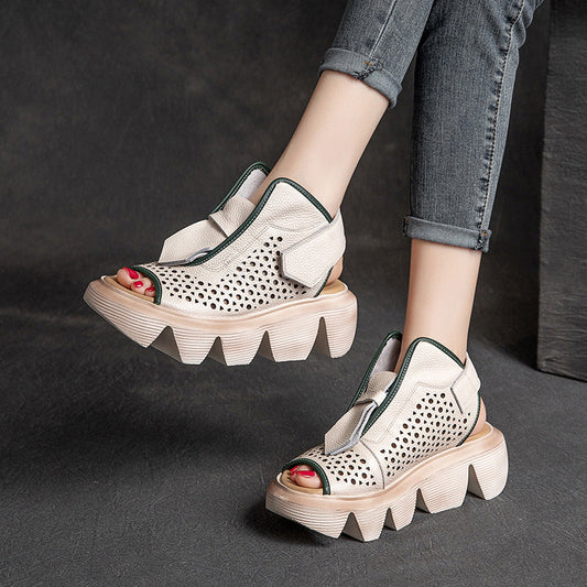 Top Layer Leather Velcro Hollow Sandals for Women
