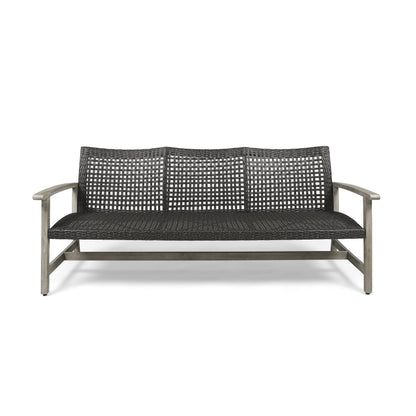 Outdoor Acacia Wood Wicker 3 Seater Sofa