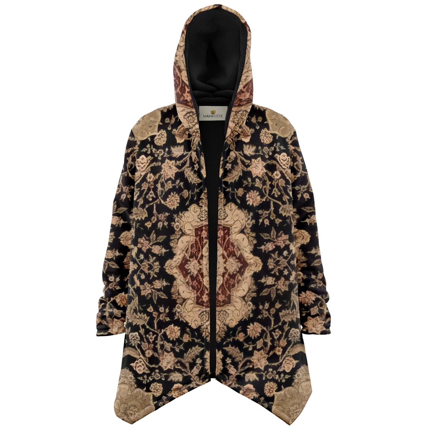 Black and Brown Persian Carpet Cuddle Cloak | Unisex Minky Sherpa Hooded Coat | Women and Mens Festival Coat | Mountain Fashion