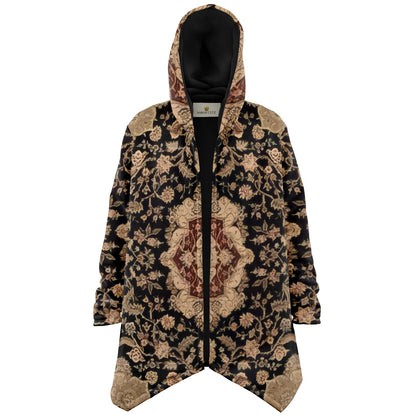 Black and Brown Persian Carpet Cuddle Cloak | Unisex Minky Sherpa Hooded Coat | Women and Mens Festival Coat | Mountain Fashion