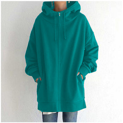 Zipper Hooded Long Plus Fleece Sweatshirt