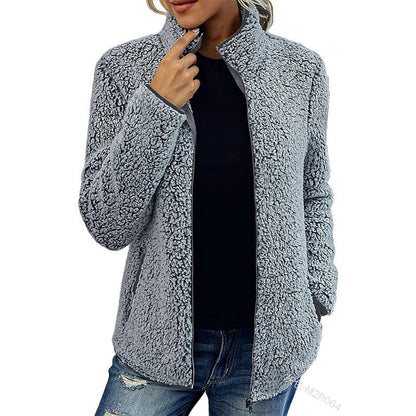 Fall Winter Warm Sweatshirt Stand Collar Solid Color Top Sweater Women's Casual Fashion Long Sleeve Zipper Bubble Velvet Coat Tops