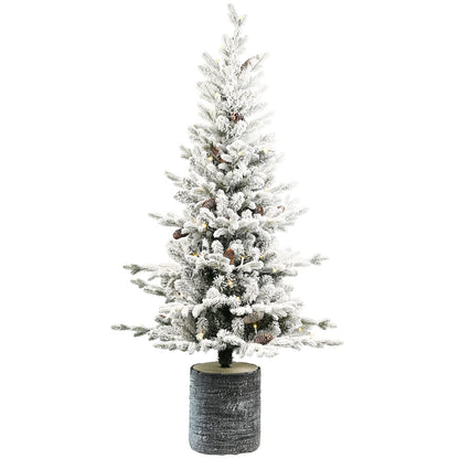 4.5FT Flocked Christmas Tree with Pot Base and LED Lights