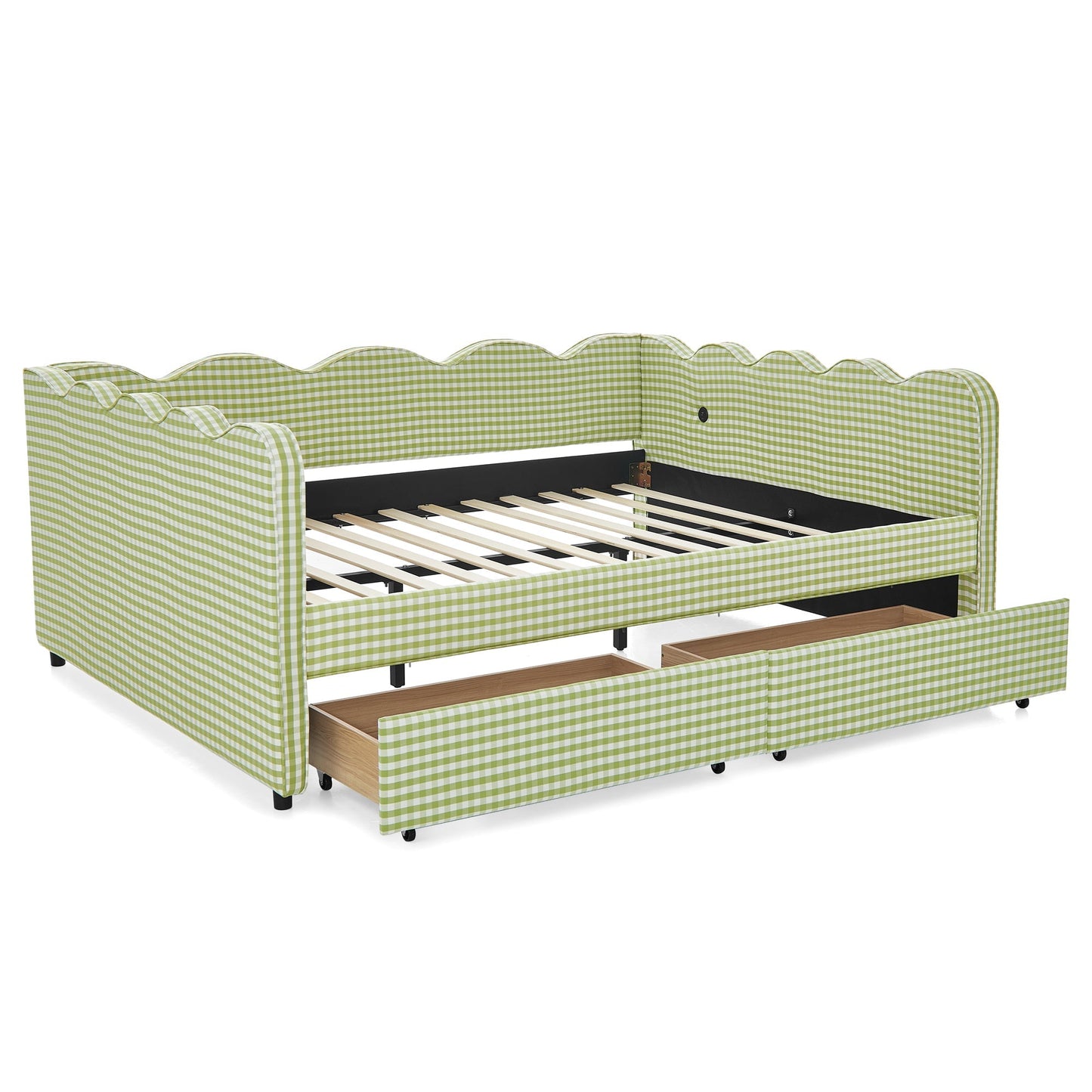 Queen Size Cozy Gingham Daybed with Two Storage Drawers and USB Port
