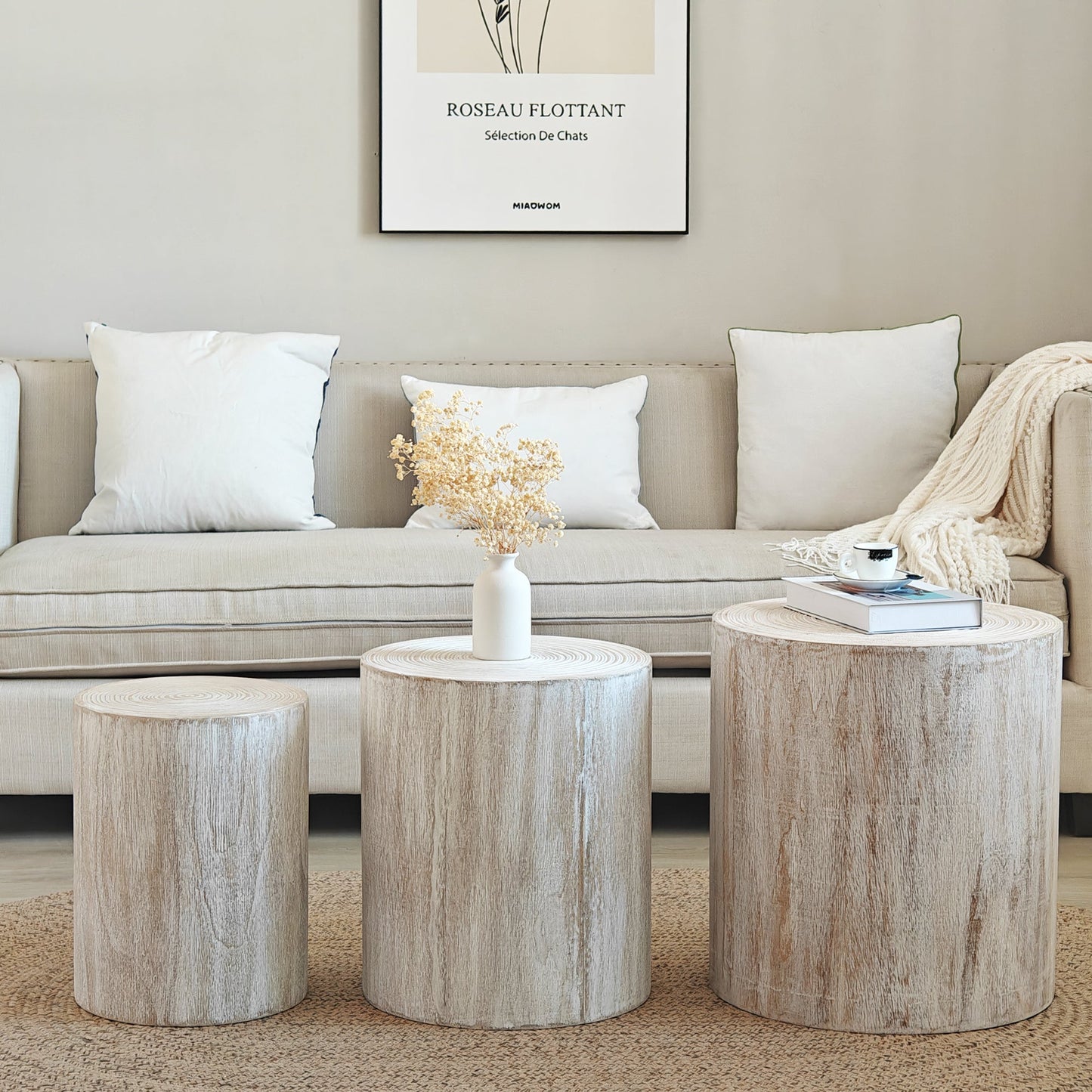 Set of 3 Rounded Wood Coffee Tables with Whitewashed Wood Finish