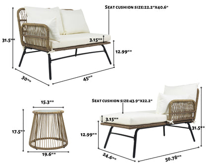 6PCS Outdoor Patio Balcony Natural Color Wicker Sofa Chair Set with Beige Cushion,Round Tempered Glass Table