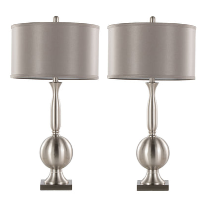 Joan 30" Contemporary Metal Table Lamp Set in Brushed Nickel with Grey Satin Shade - Set of 2