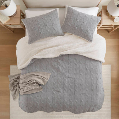 3 Pieces Full/Queen Cable Knit Chenille Comforter Set Gray