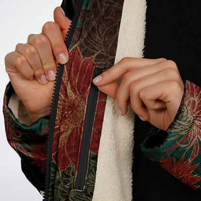 Desert Flowers Carpet Cuddle Coat | Green Red | Unisex Minky Sherpa Lined Coat with Hood, Zipper and Pockets | Women and Mens Festival Coat | Mountain Fashion