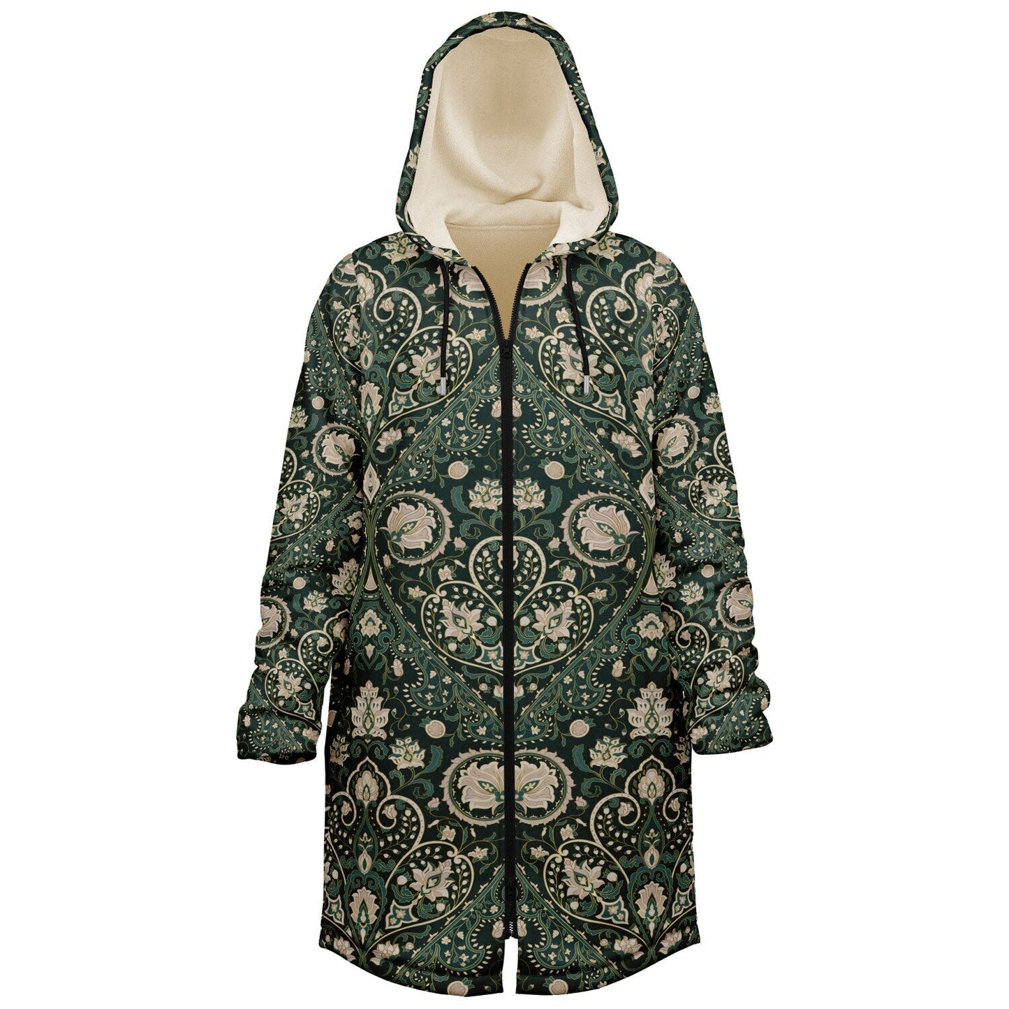 Green Persian Carpet Cuddle Coat | Unisex Minky Sherpa Lined Coat with Hood, Zipper and Pockets | Women and Mens Festival Coat | Mountain Fashion