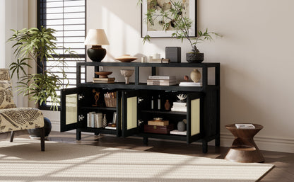 TREXM Bohemian Style Rattan Buffet Storage Cabinet with Solid Wood Frame