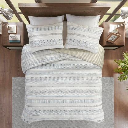3 Piece Seersucker Quilt Set Taupe Blue King Cal King