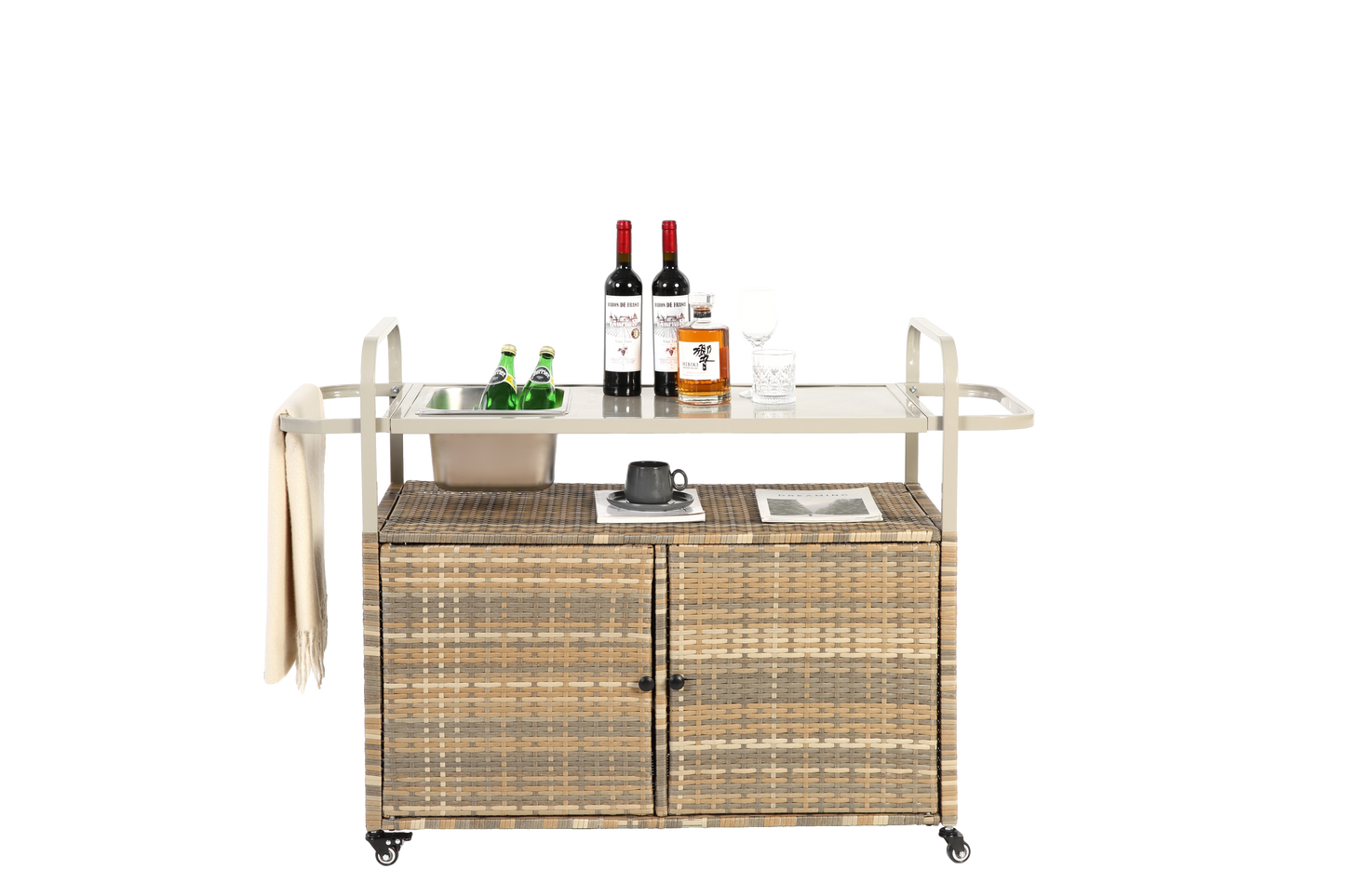 Outdoor Bar Table with Wicker Cabinet and Steel Top