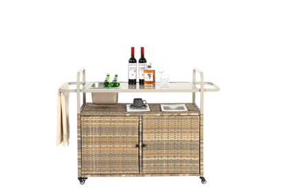 Outdoor Bar Table with Wicker Cabinet and Steel Top