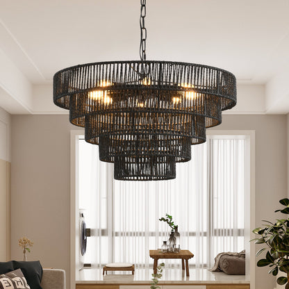 24' Rustic 5-Tier Black Hemp Rope Pendant Light Chandelier