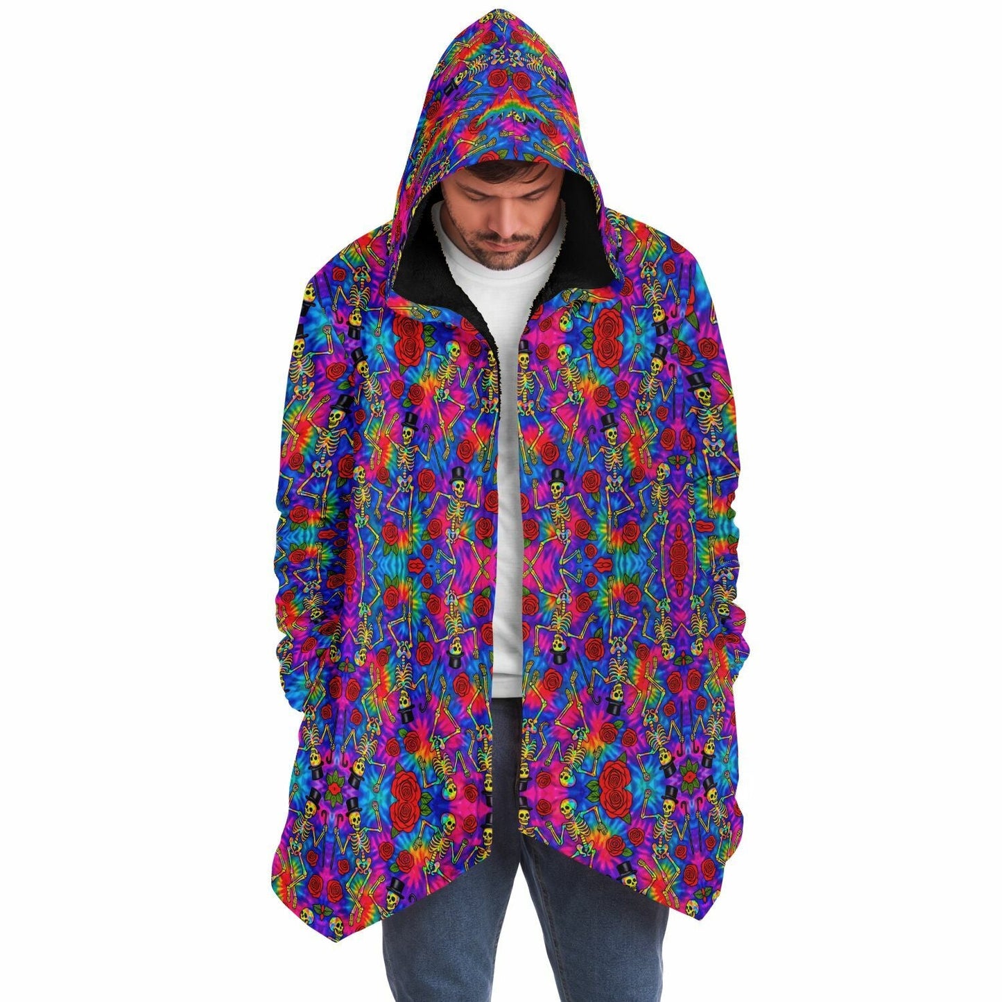 Tie Dye Dancing Skeleton Cuddle Cloak | Grateful Dead | Minky Sherpa Lined Coat with Hood, Zipper and Pockets | Women and Mens Festival Coat | Mountain Fashion