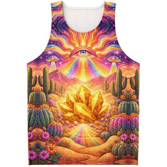 Psychedelic Desert Eye Tank Top – Festival Rave Shirt with Gold Crystal & Cosmic Print