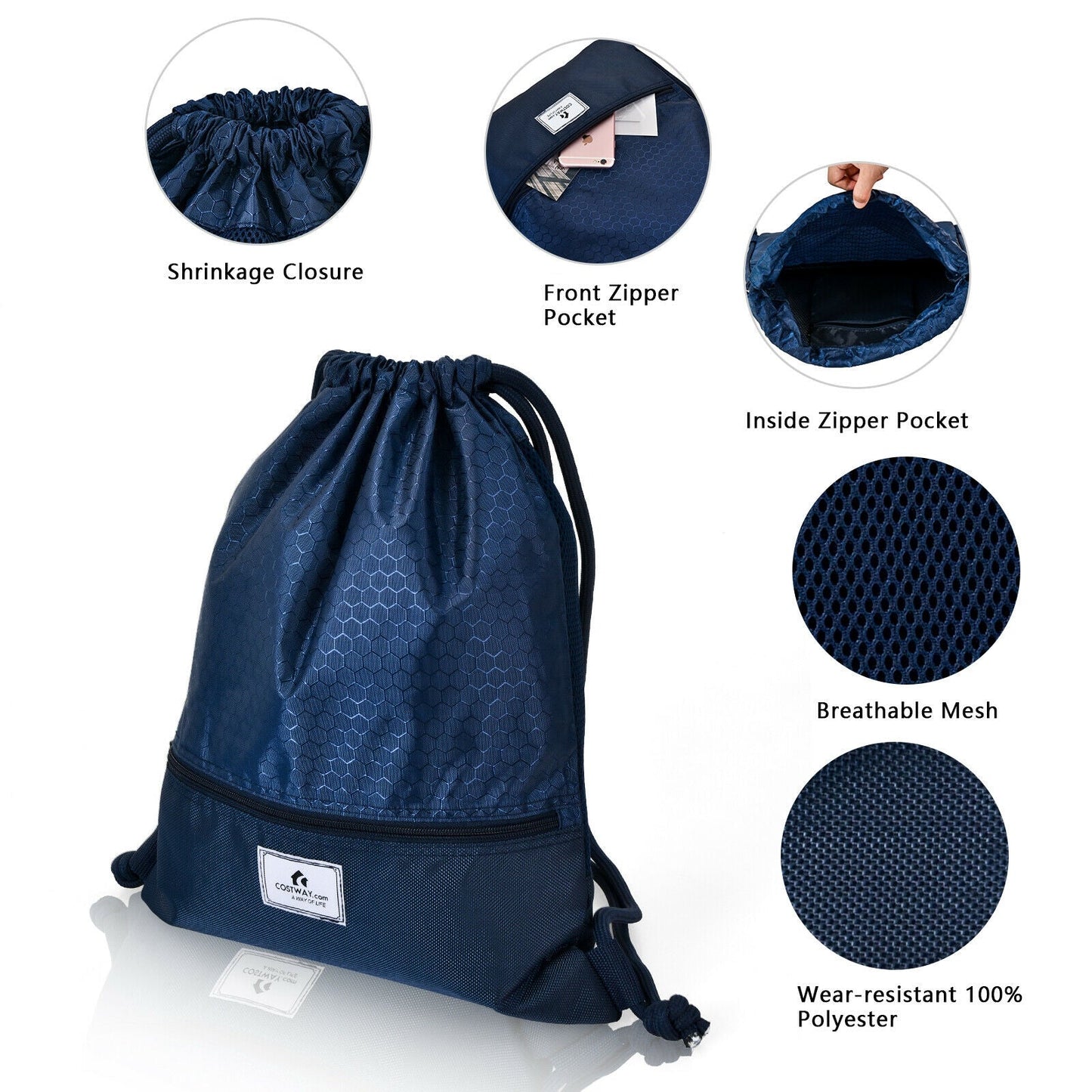 Drawstring Backpack String Bag Foldable Sports Sack with Zipper Pocket